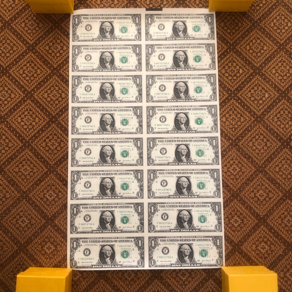 Collectible! Official Uncut Sheet of 16 One-Dollar U.S.Treasury Notes